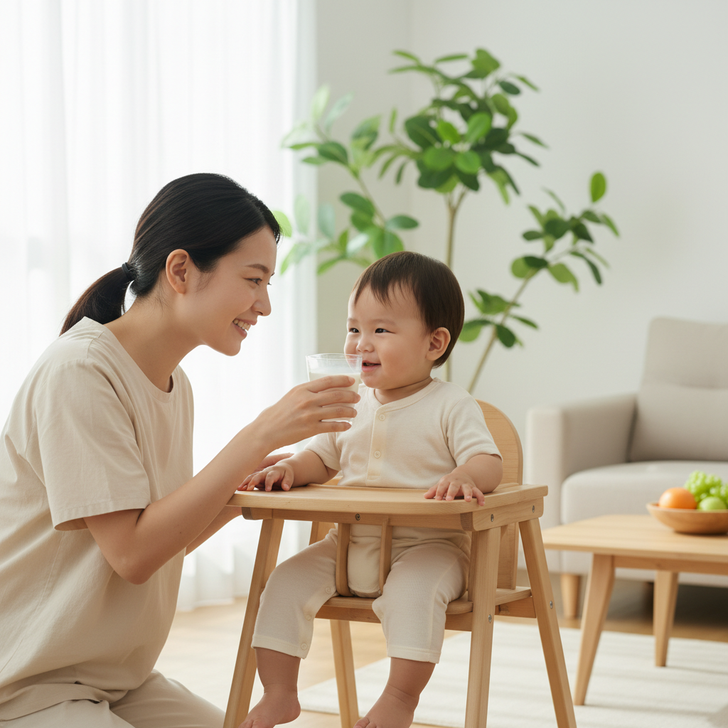Mẹ chăm sóc bé uống sữa tươi mát trong ngày hè nắng nóng